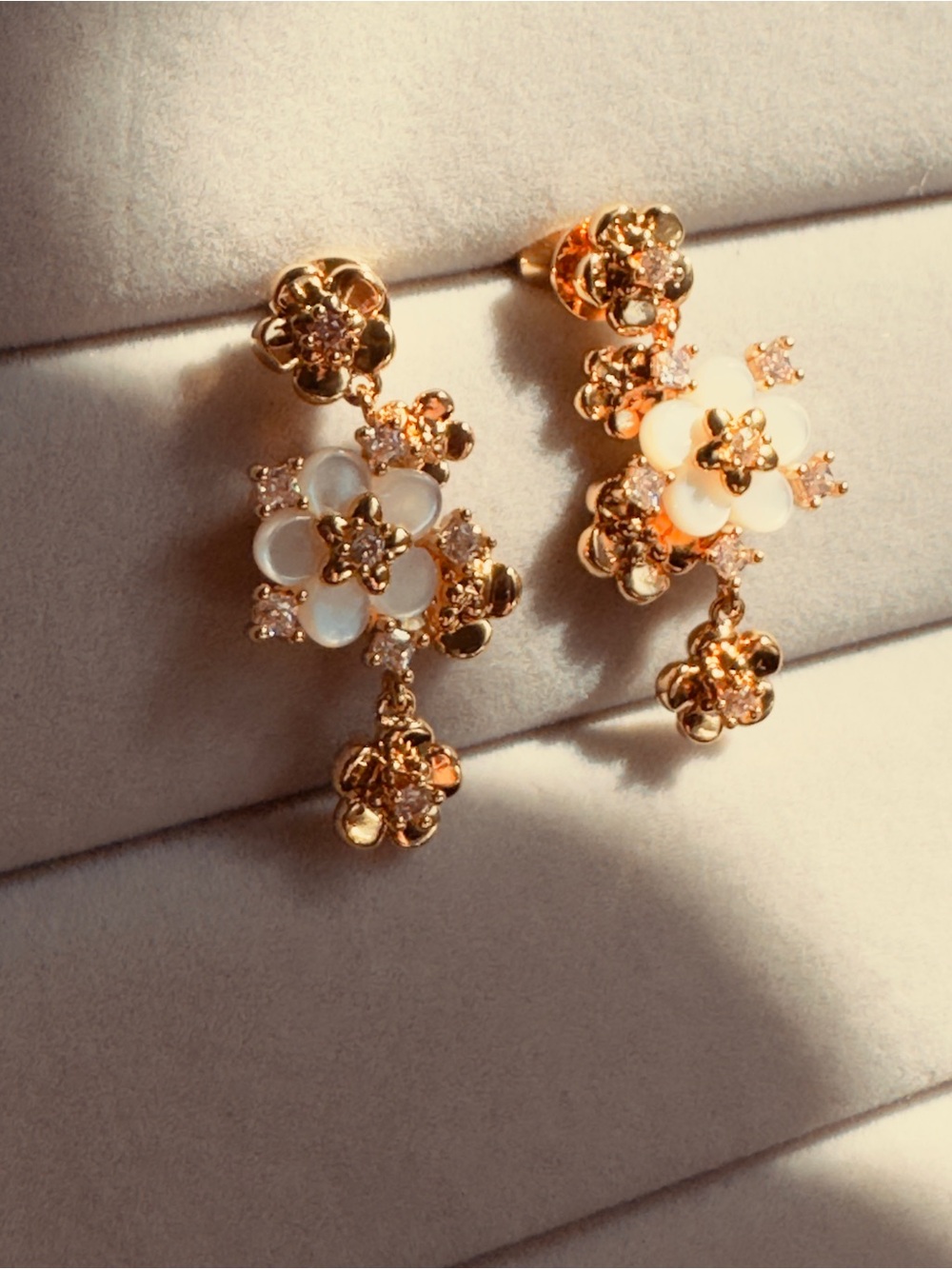 Mother of Pearl Floral CZ Earrings Gold Flower Earrings Sterling Silver Posts
